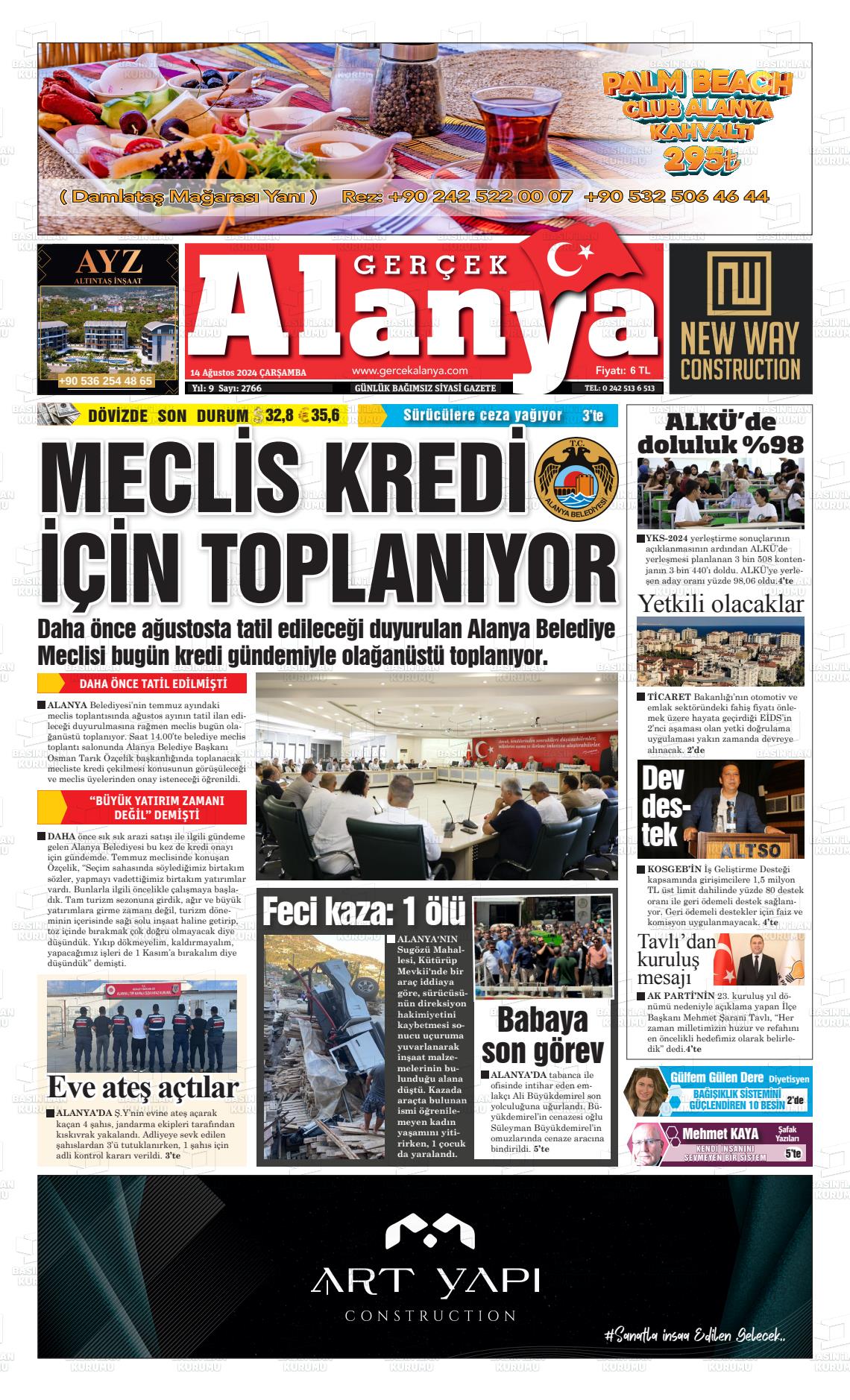 14 Ağustos 2024 Gerçek Alanya Gazete Manşeti