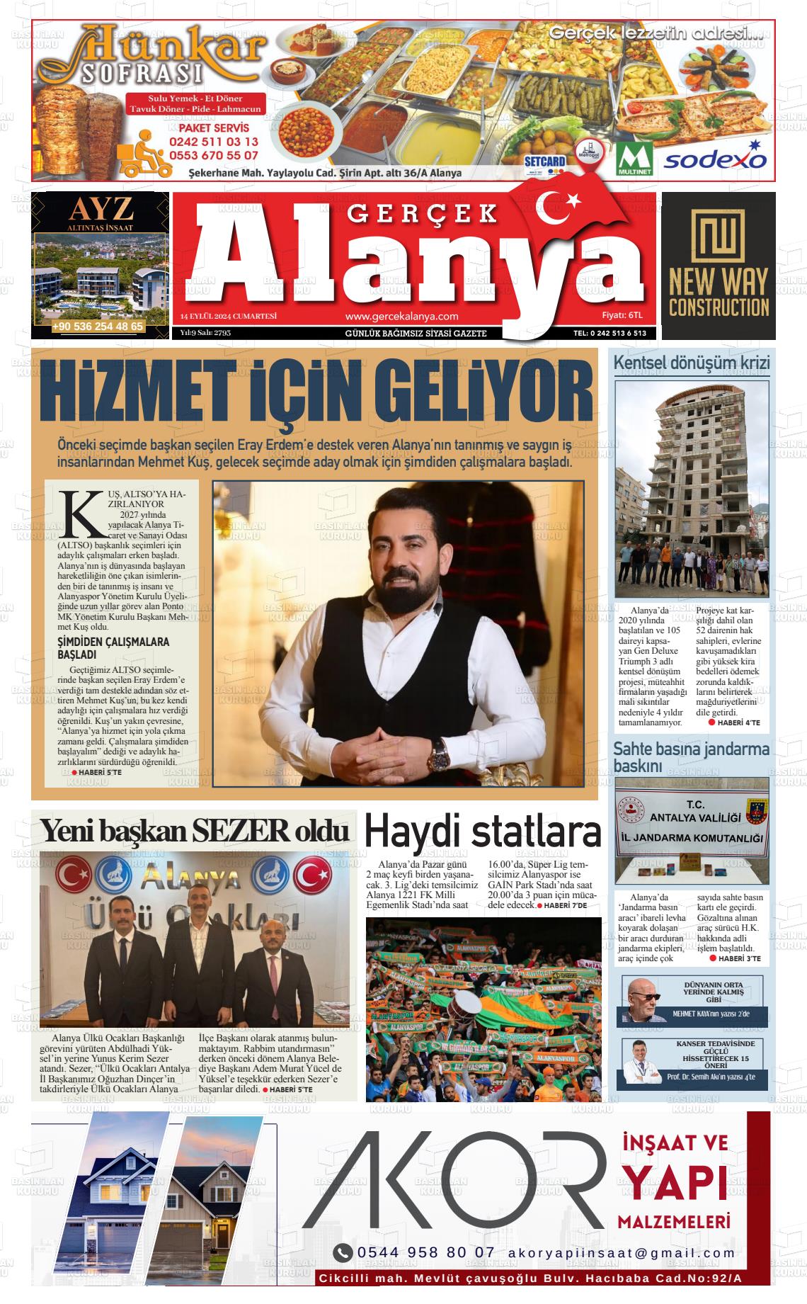 14 Eylül 2024 Gerçek Alanya Gazete Manşeti