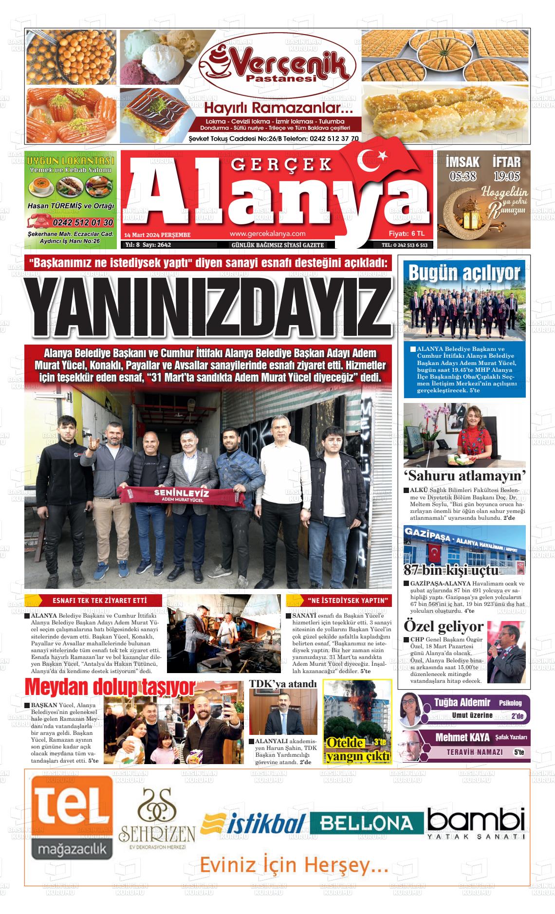 14 Mart 2024 Gerçek Alanya Gazete Manşeti