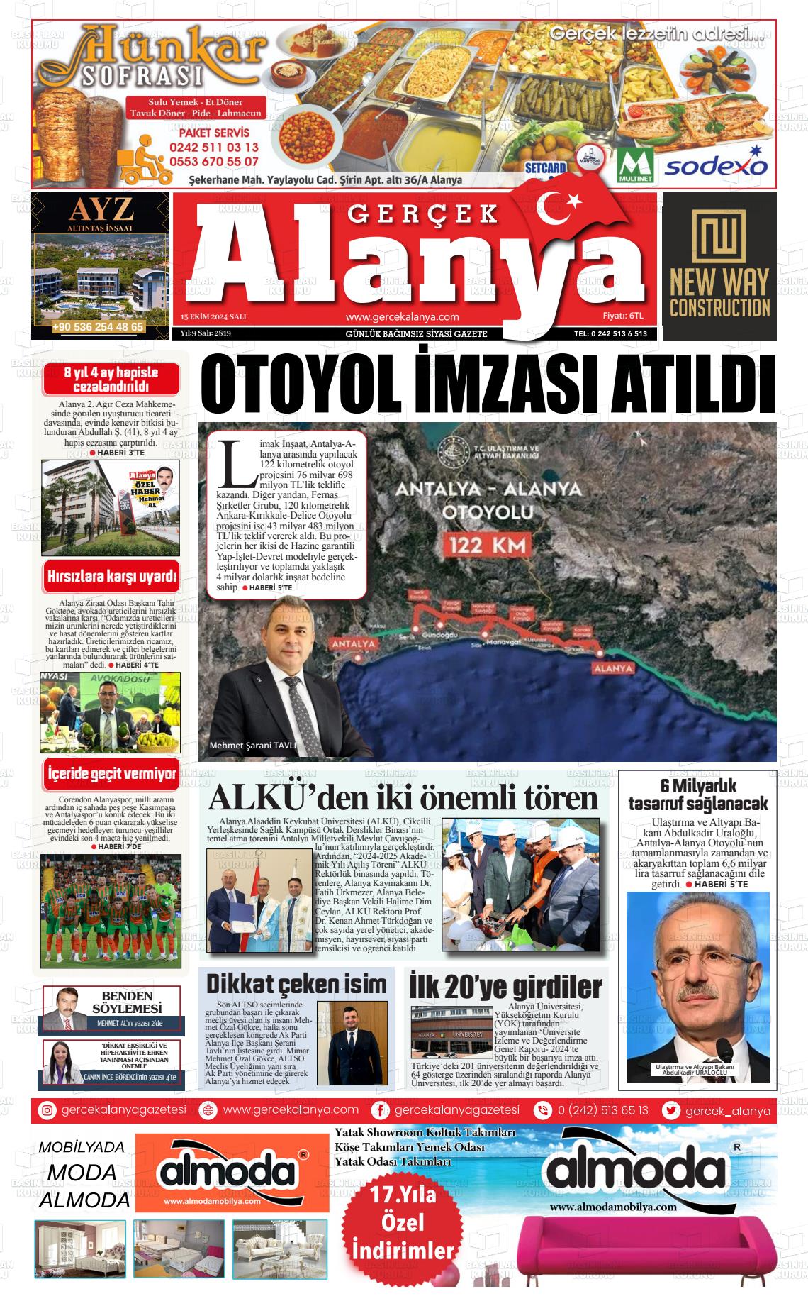 15 Ekim 2024 Gerçek Alanya Gazete Manşeti