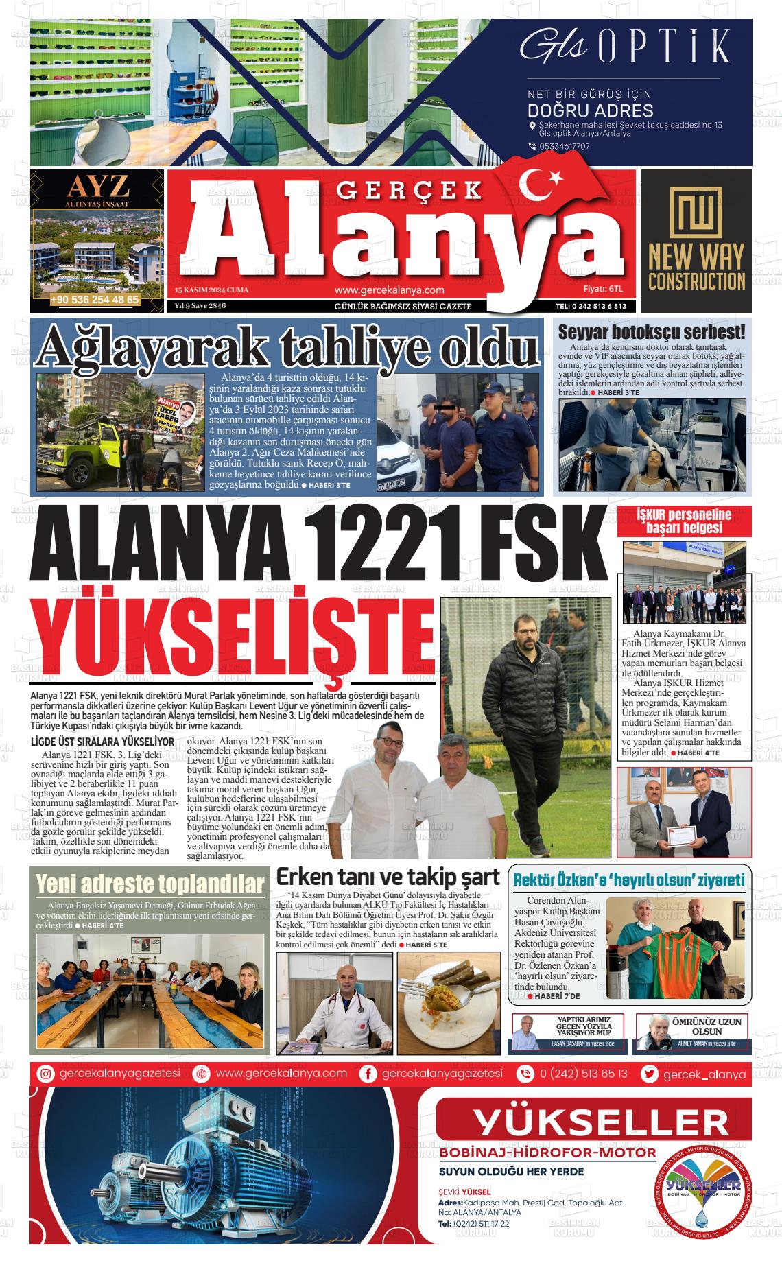 15 Kasım 2024 Gerçek Alanya Gazete Manşeti