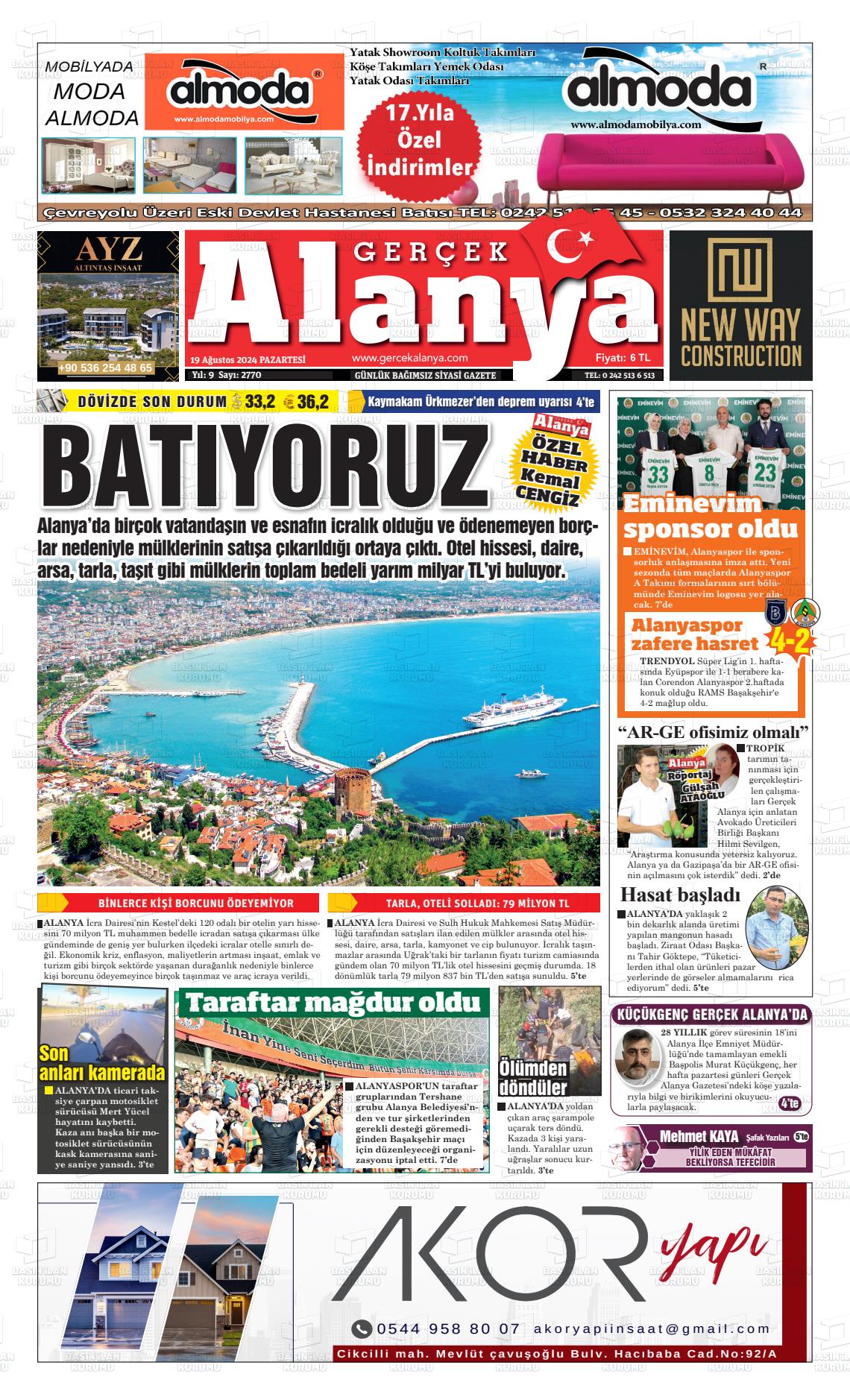 19 Ağustos 2024 Gerçek Alanya Gazete Manşeti