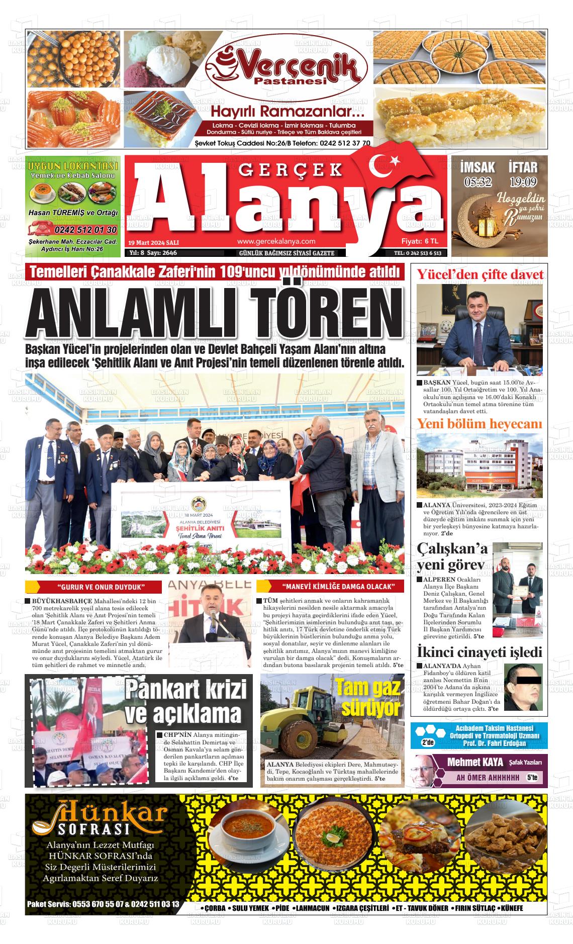 19 Mart 2024 Gerçek Alanya Gazete Manşeti