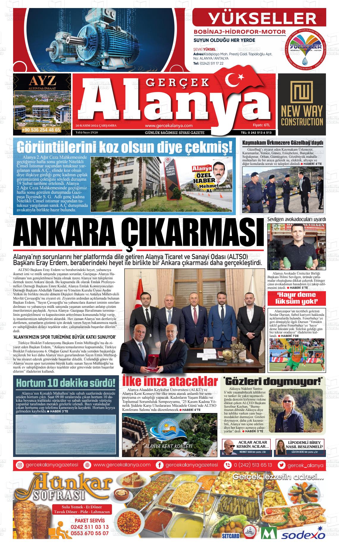 20 Kasım 2024 Gerçek Alanya Gazete Manşeti