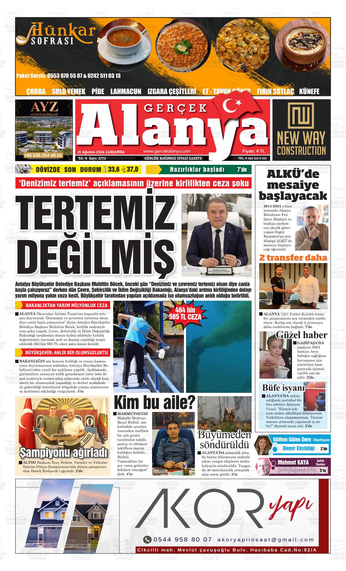 21 Ağustos 2024 Gerçek Alanya Gazete Manşeti