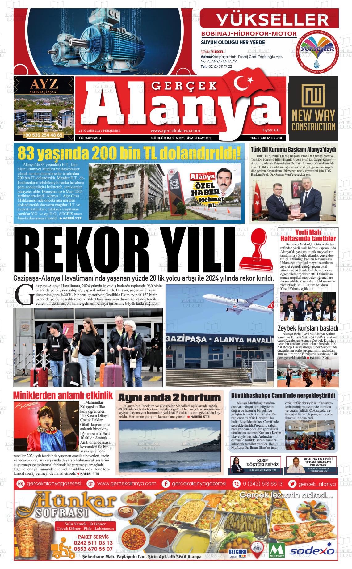 21 Kasım 2024 Gerçek Alanya Gazete Manşeti