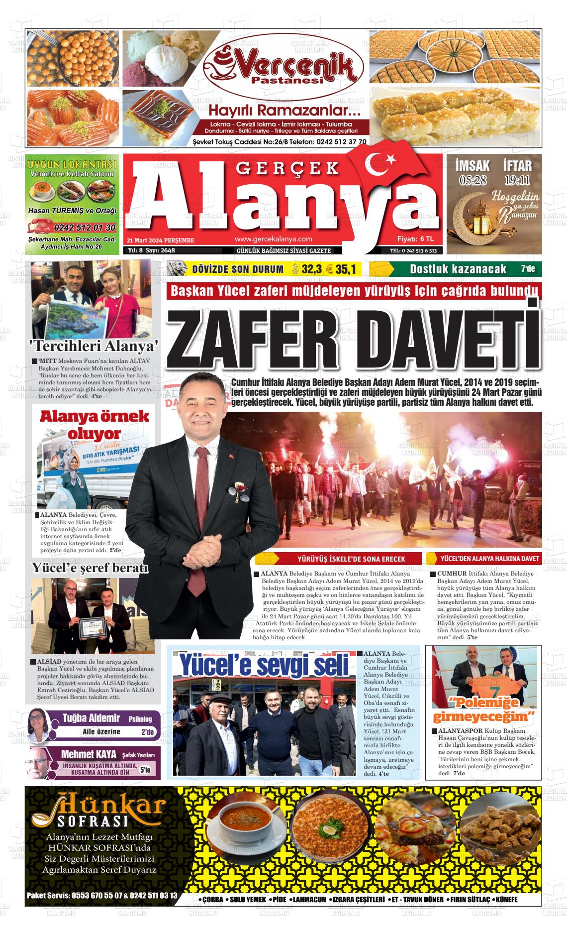 21 Mart 2024 Gerçek Alanya Gazete Manşeti