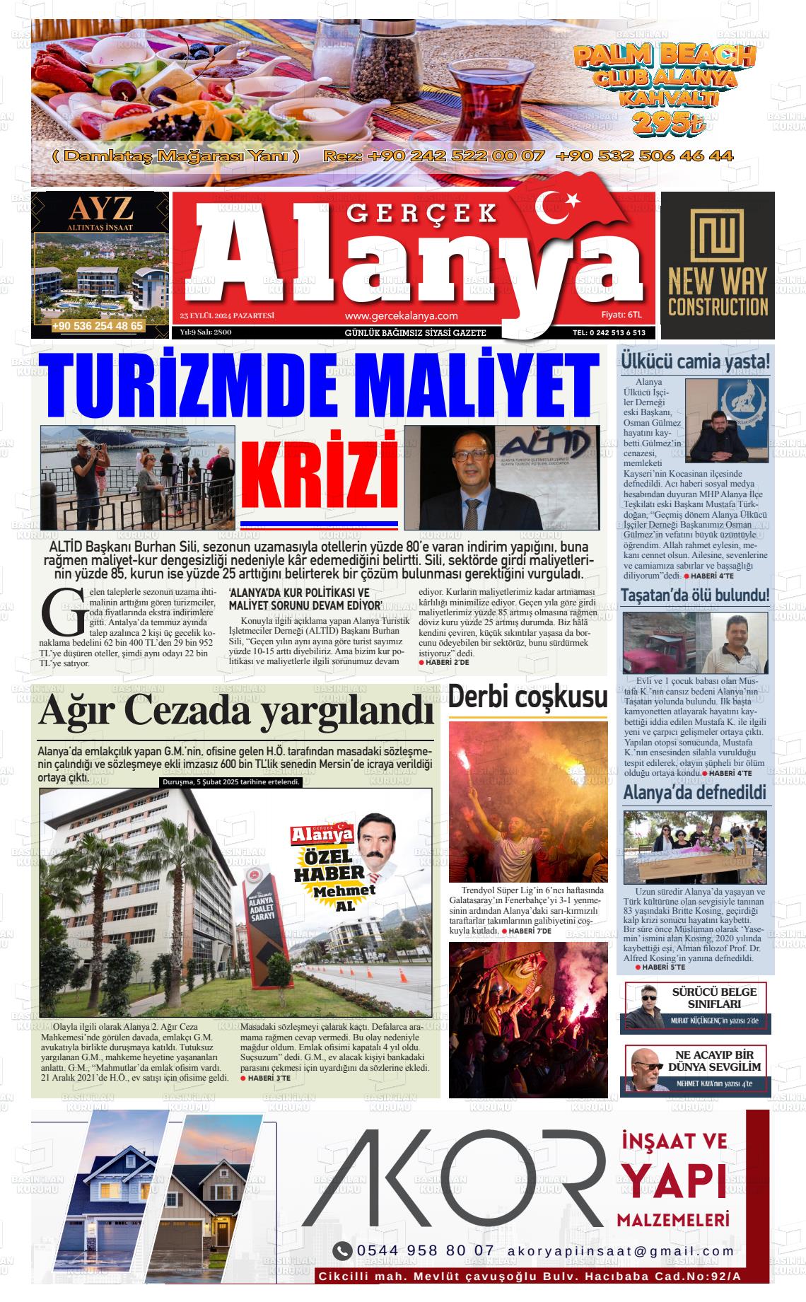 23 Eylül 2024 Gerçek Alanya Gazete Manşeti