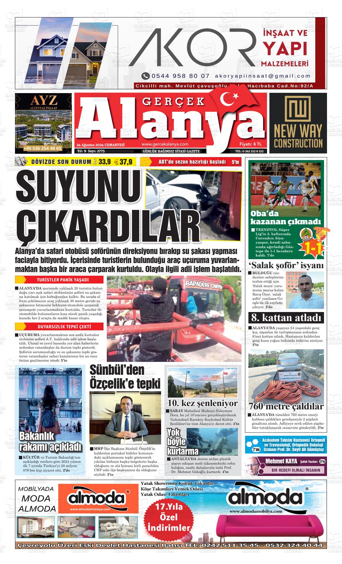 24 Ağustos 2024 Gerçek Alanya Gazete Manşeti