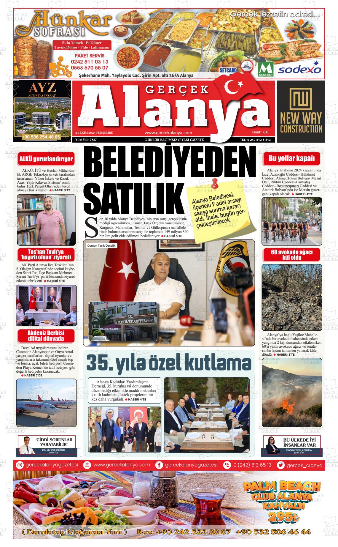 24 Ekim 2024 Gerçek Alanya Gazete Manşeti