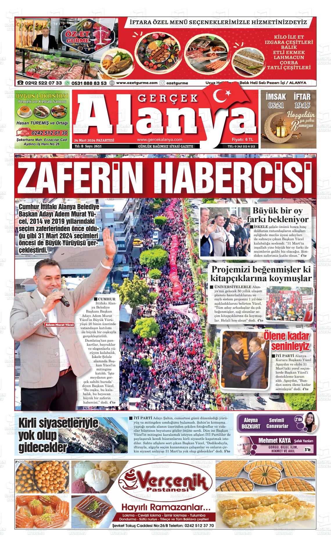 25 Mart 2024 Gerçek Alanya Gazete Manşeti