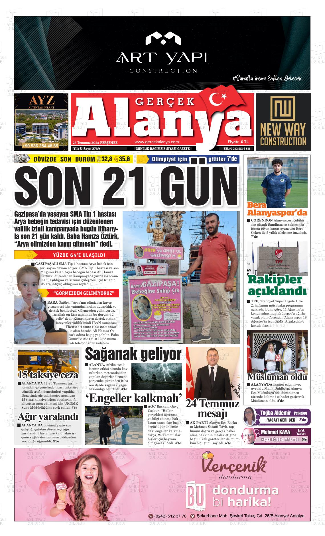 25 Temmuz 2024 Gerçek Alanya Gazete Manşeti