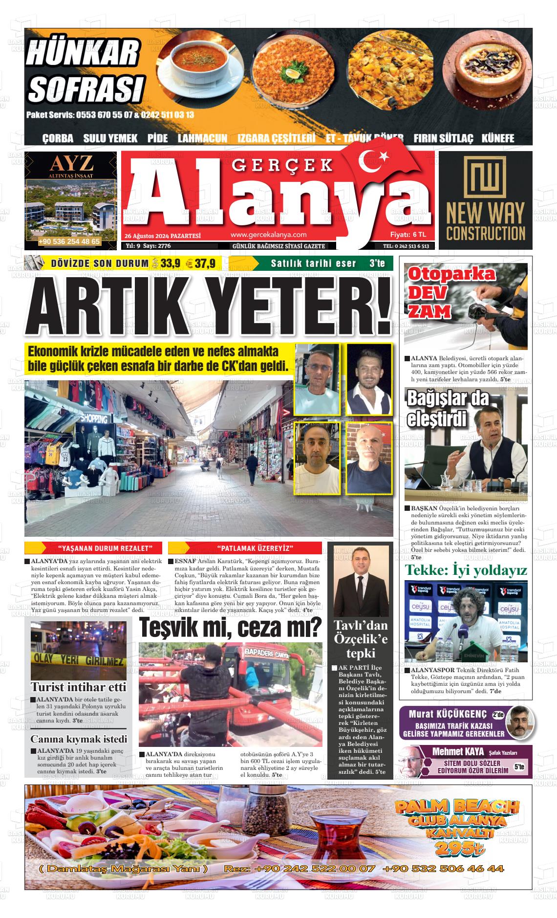 26 Ağustos 2024 Gerçek Alanya Gazete Manşeti