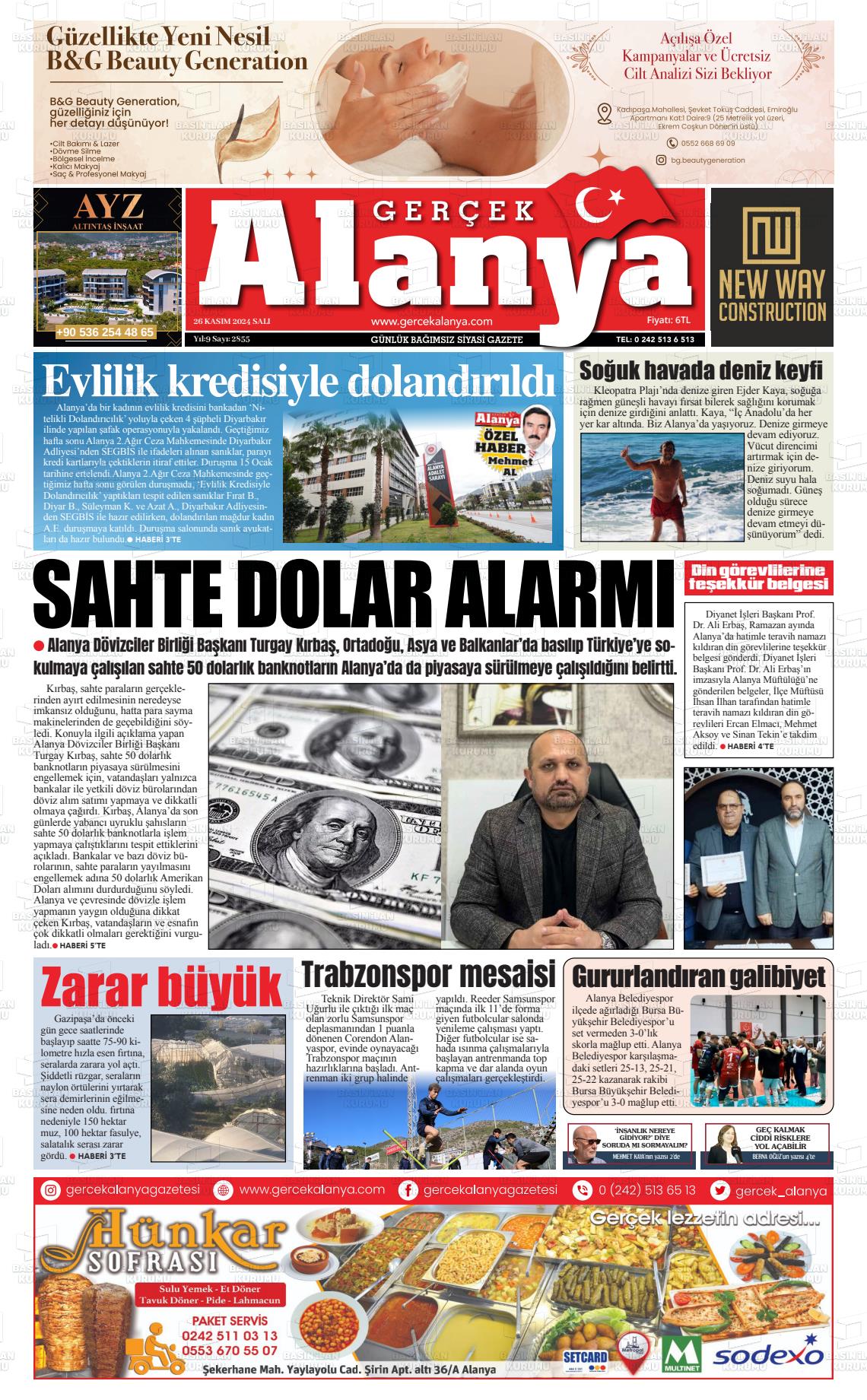 26 Kasım 2024 Gerçek Alanya Gazete Manşeti