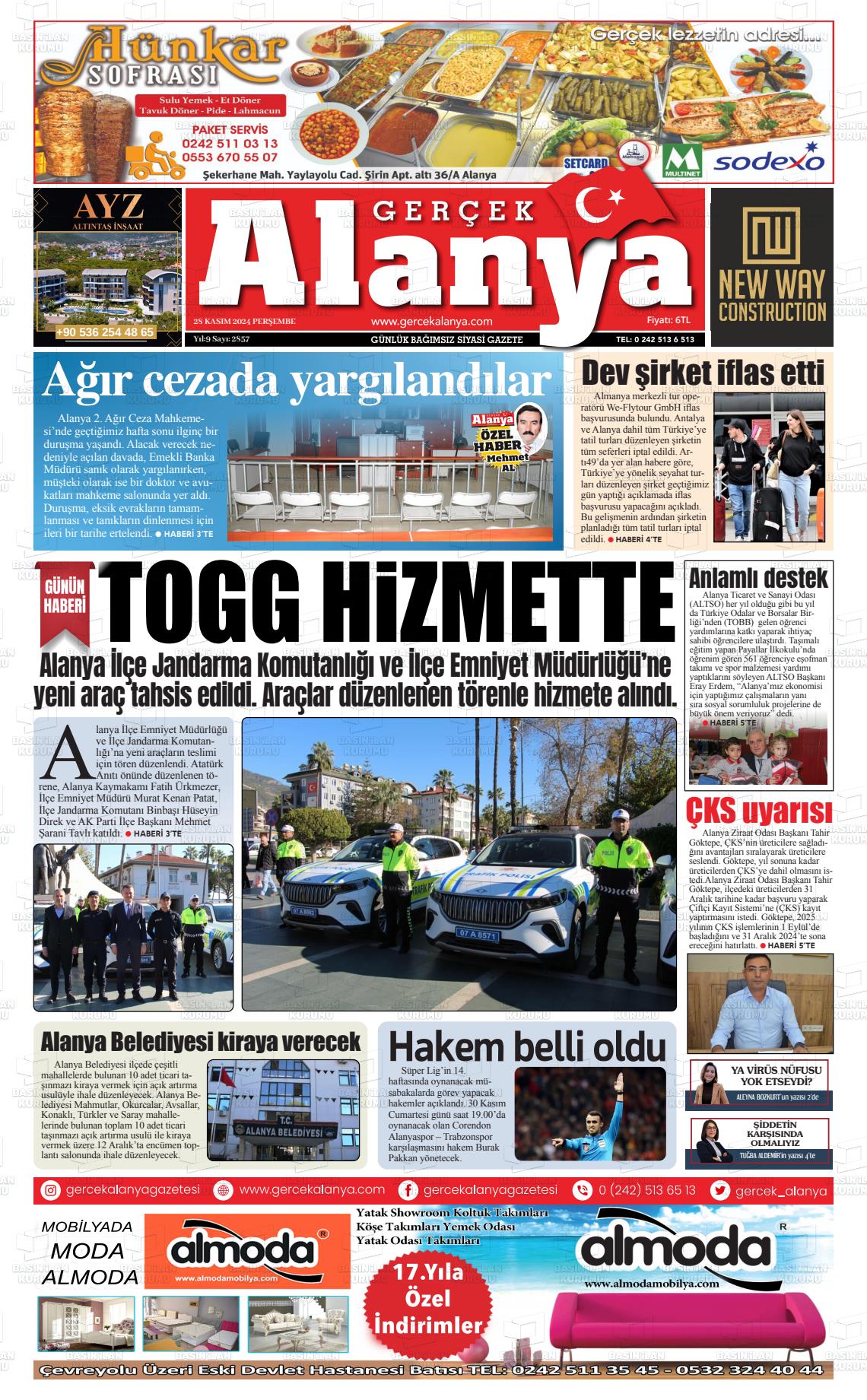 02 Aralık 2024 Gerçek Alanya Gazete Manşeti