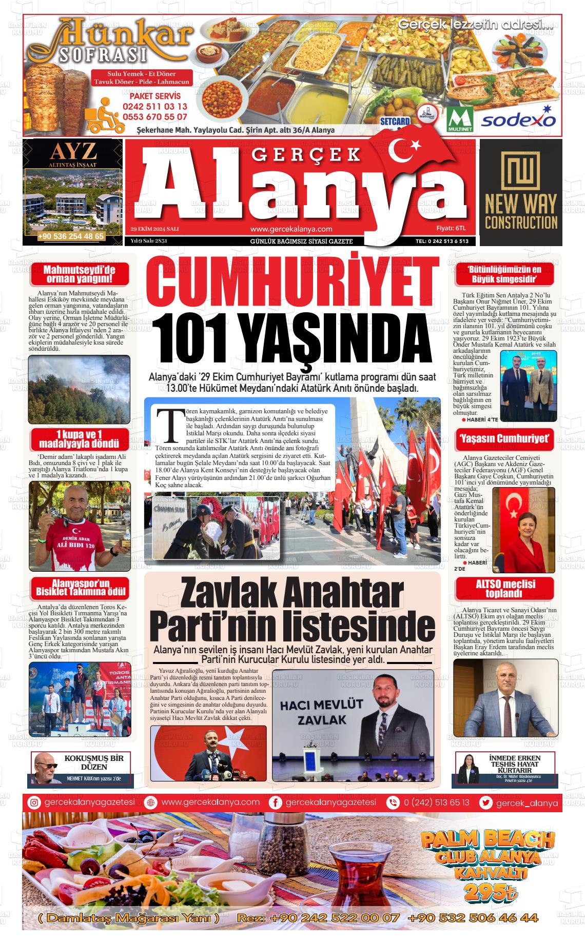 29 Ekim 2024 Gerçek Alanya Gazete Manşeti