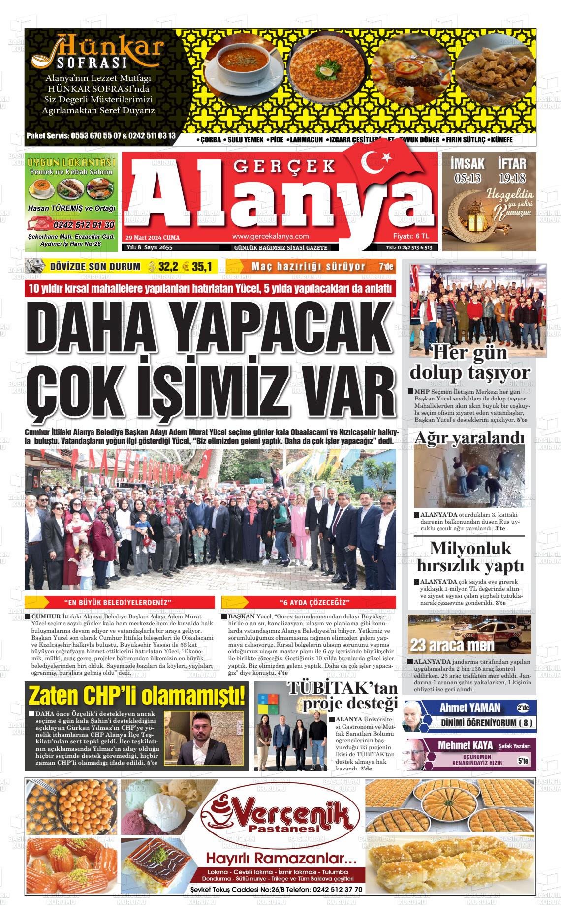 29 Mart 2024 Gerçek Alanya Gazete Manşeti