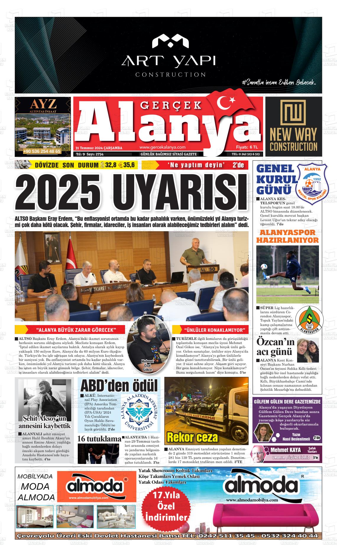 31 Temmuz 2024 Gerçek Alanya Gazete Manşeti