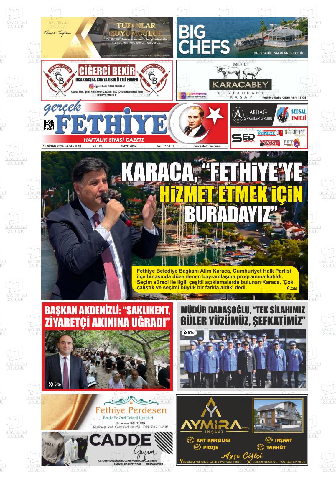 15 Nisan 2024 Gerçek Fethiye Gazete Manşeti