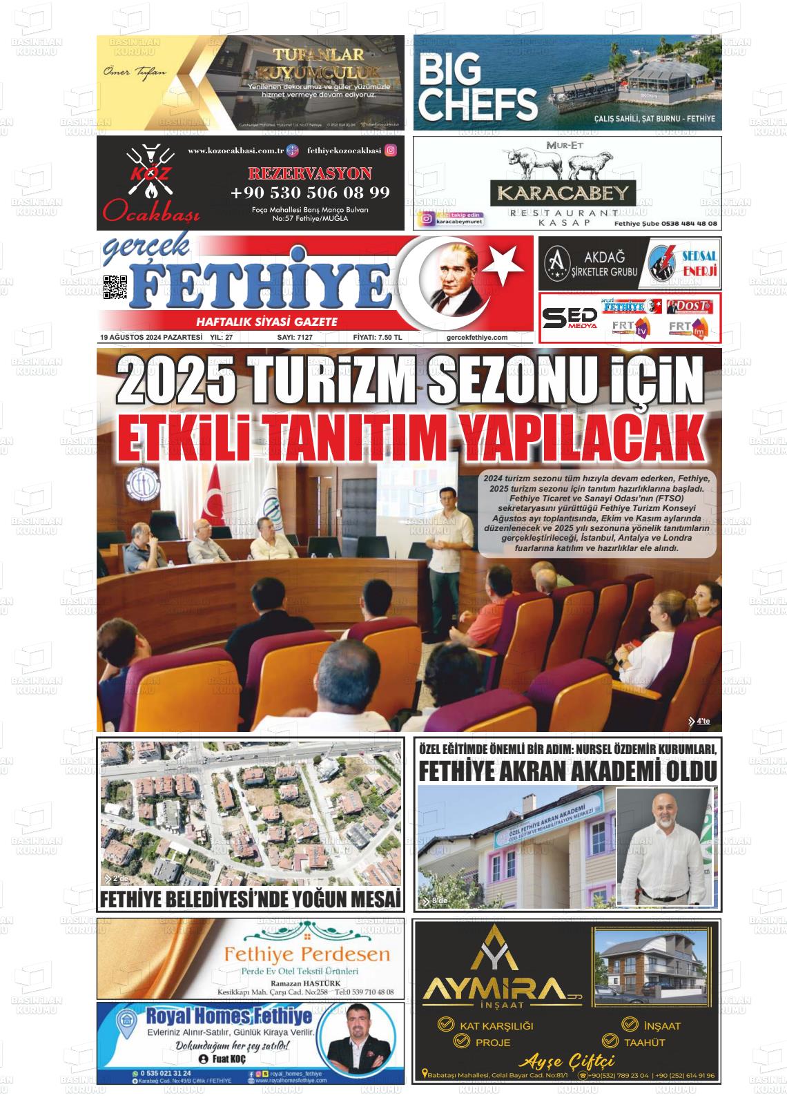 19 Ağustos 2024 Gerçek Fethiye Gazete Manşeti