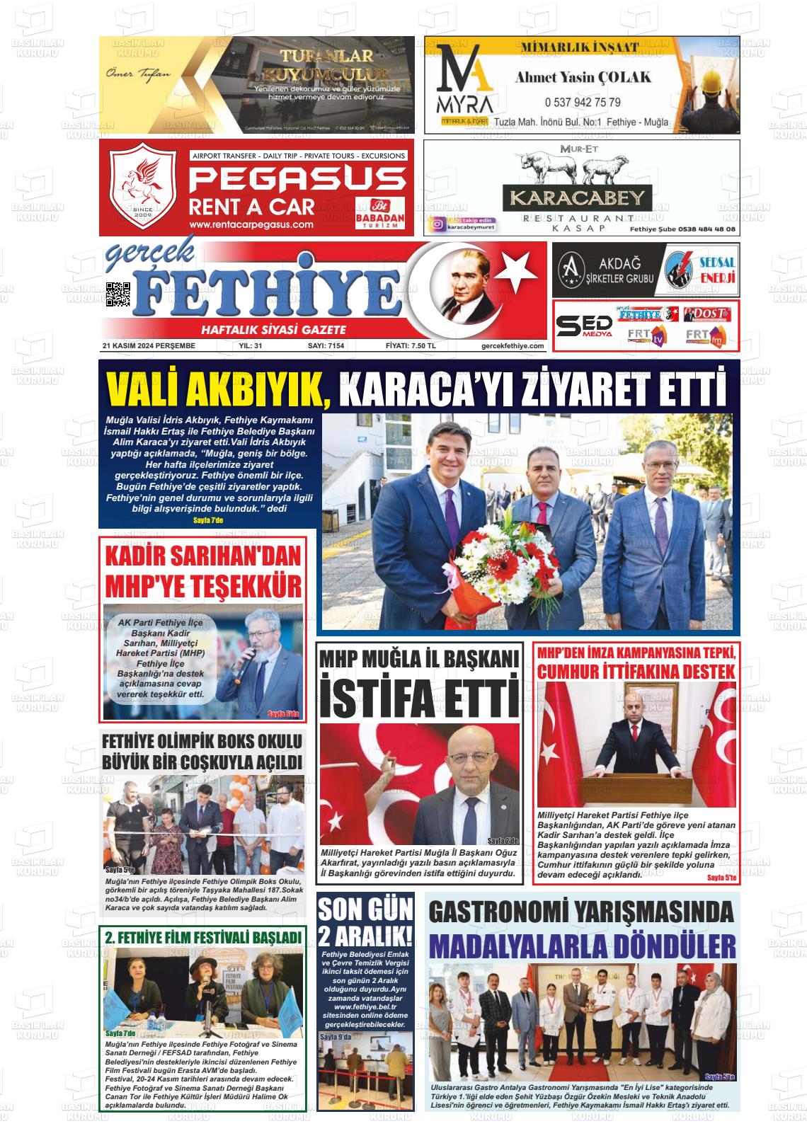 21 Kasım 2024 Gerçek Fethiye Gazete Manşeti