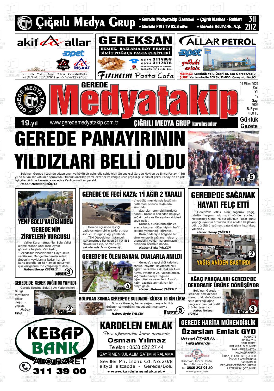 01 Ekim 2024 Gerede Medya Takip Gazete Manşeti