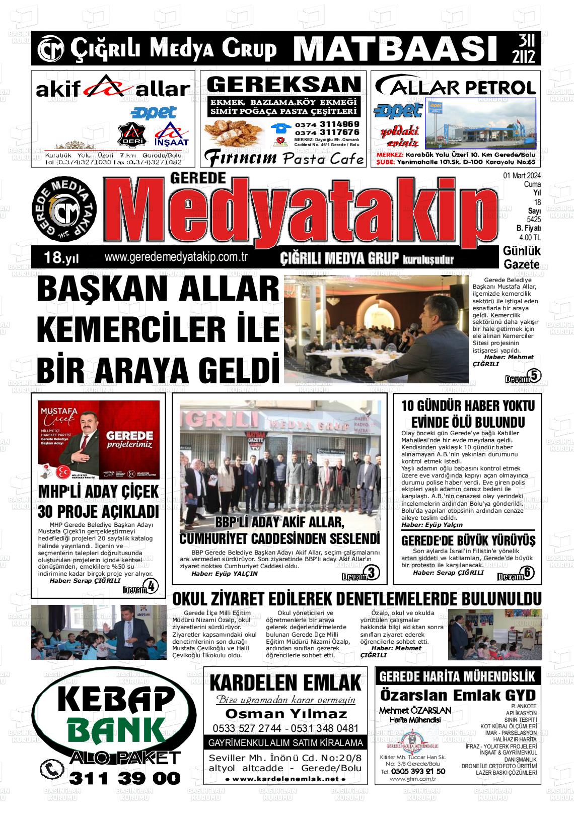 01 Mart 2024 Gerede Medya Takip Gazete Manşeti