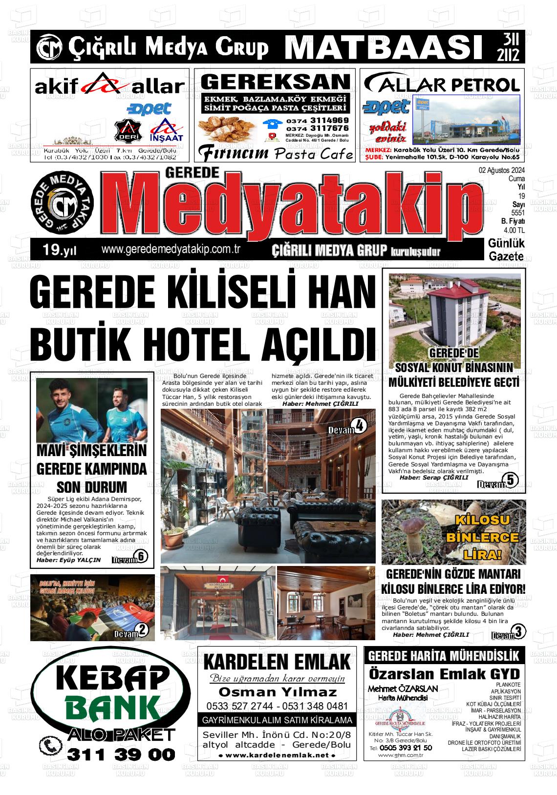 02 Ağustos 2024 Gerede Medya Takip Gazete Manşeti