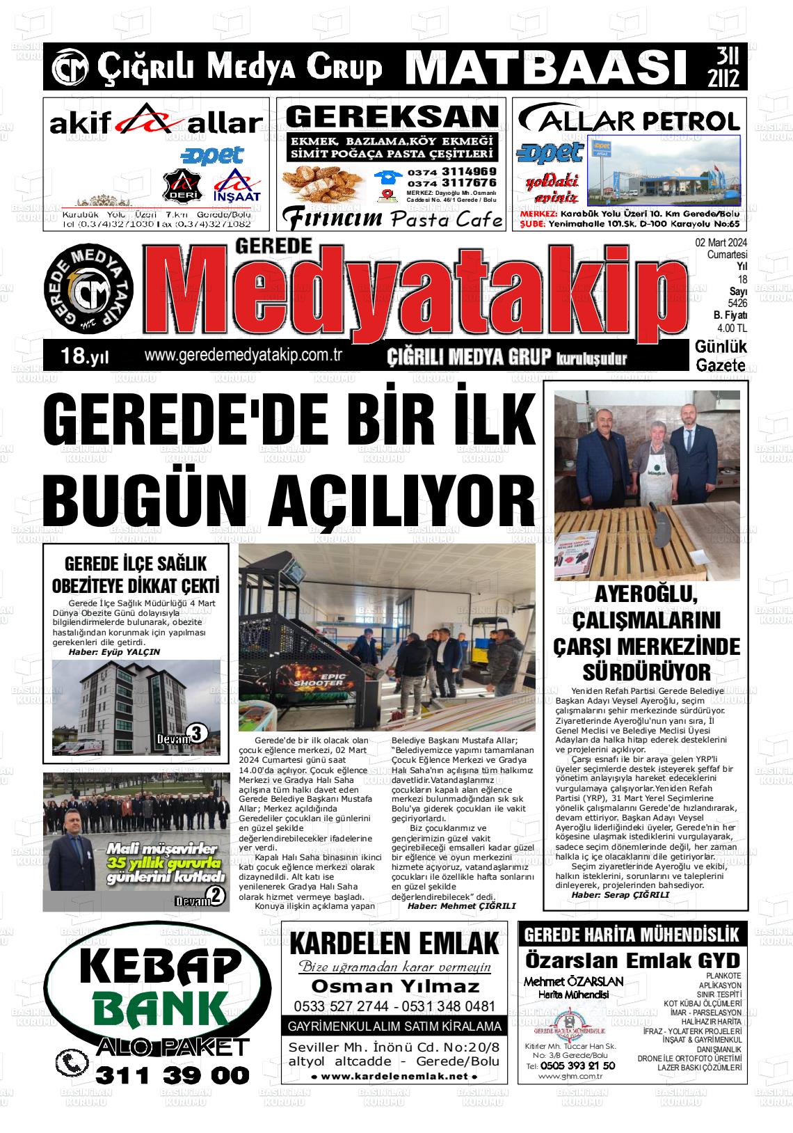 02 Mart 2024 Gerede Medya Takip Gazete Manşeti