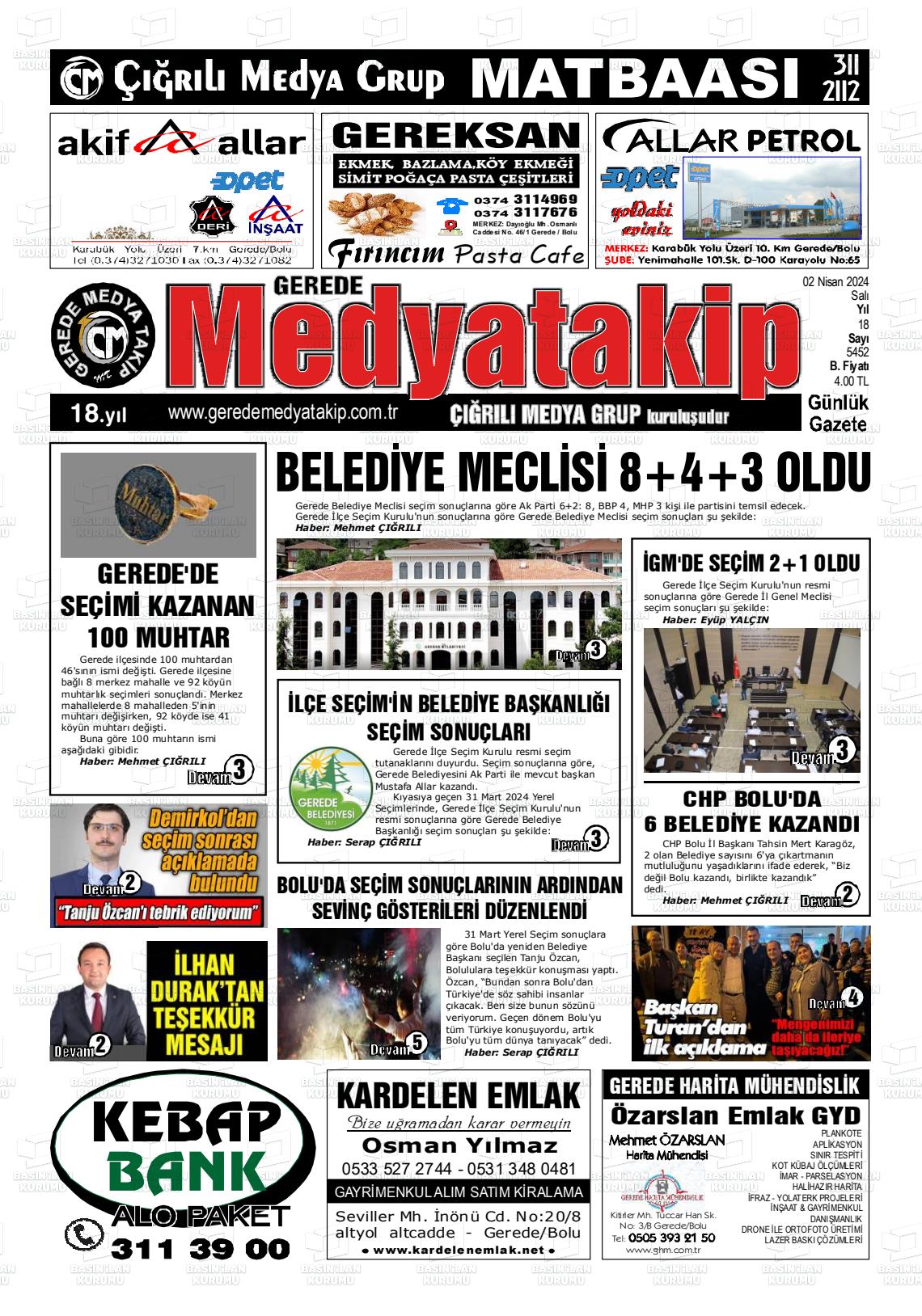 02 Nisan 2024 Gerede Medya Takip Gazete Manşeti