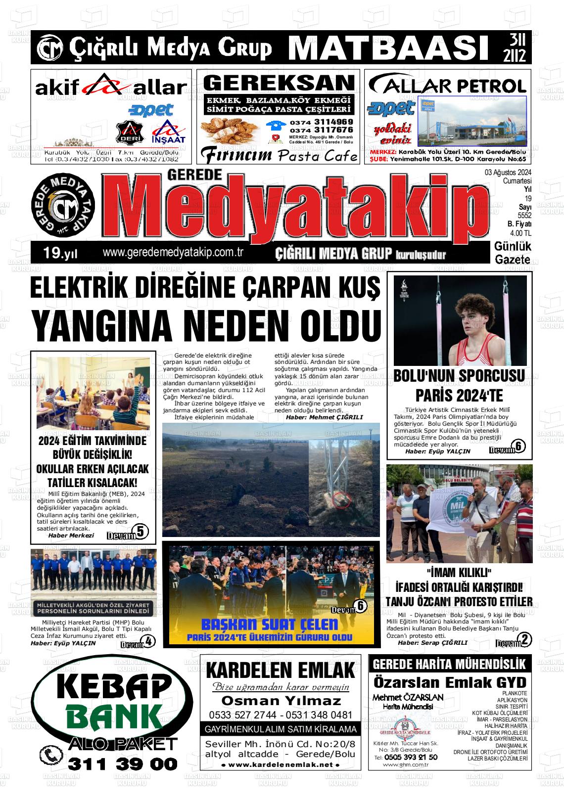 03 Ağustos 2024 Gerede Medya Takip Gazete Manşeti