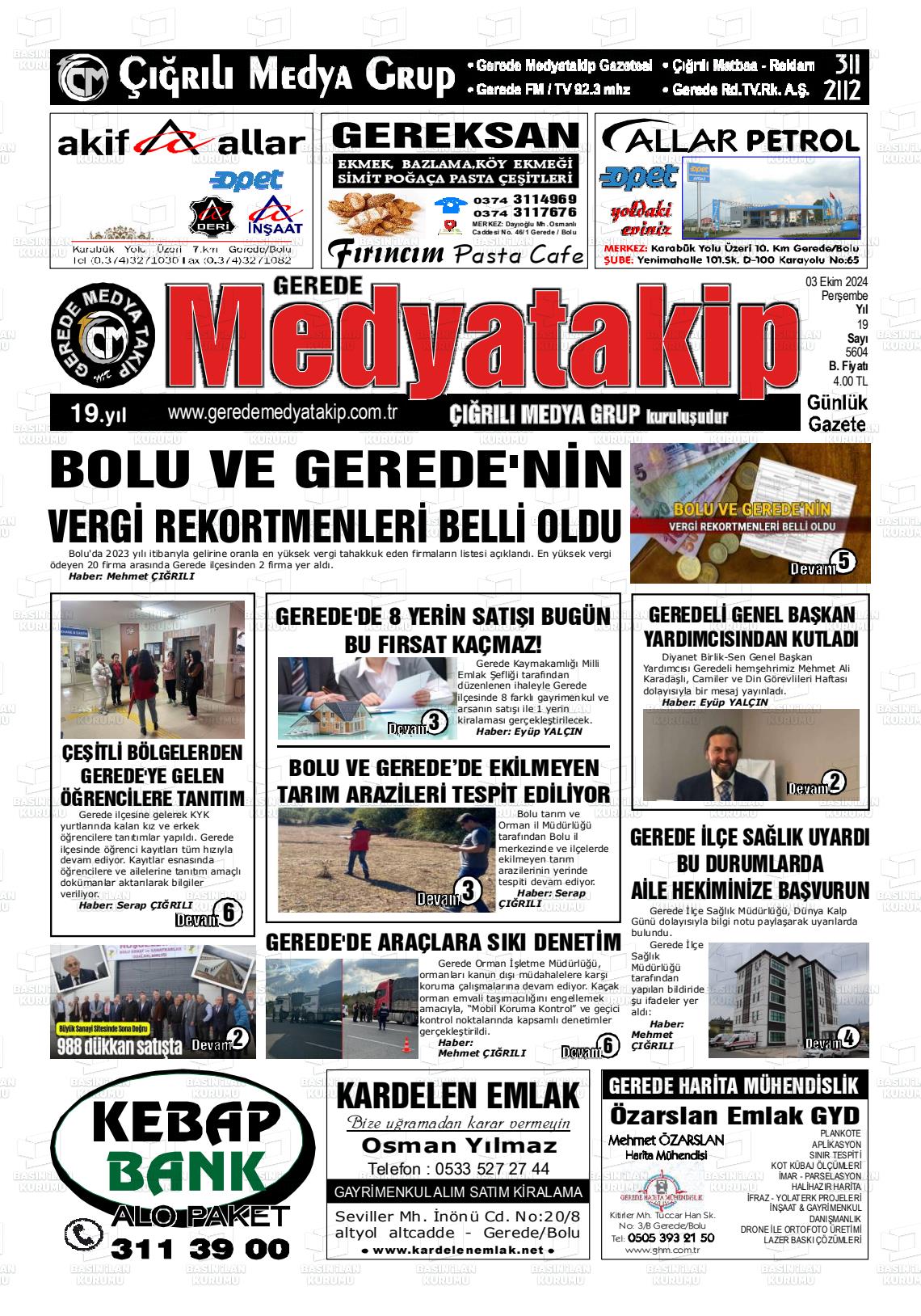 03 Ekim 2024 Gerede Medya Takip Gazete Manşeti