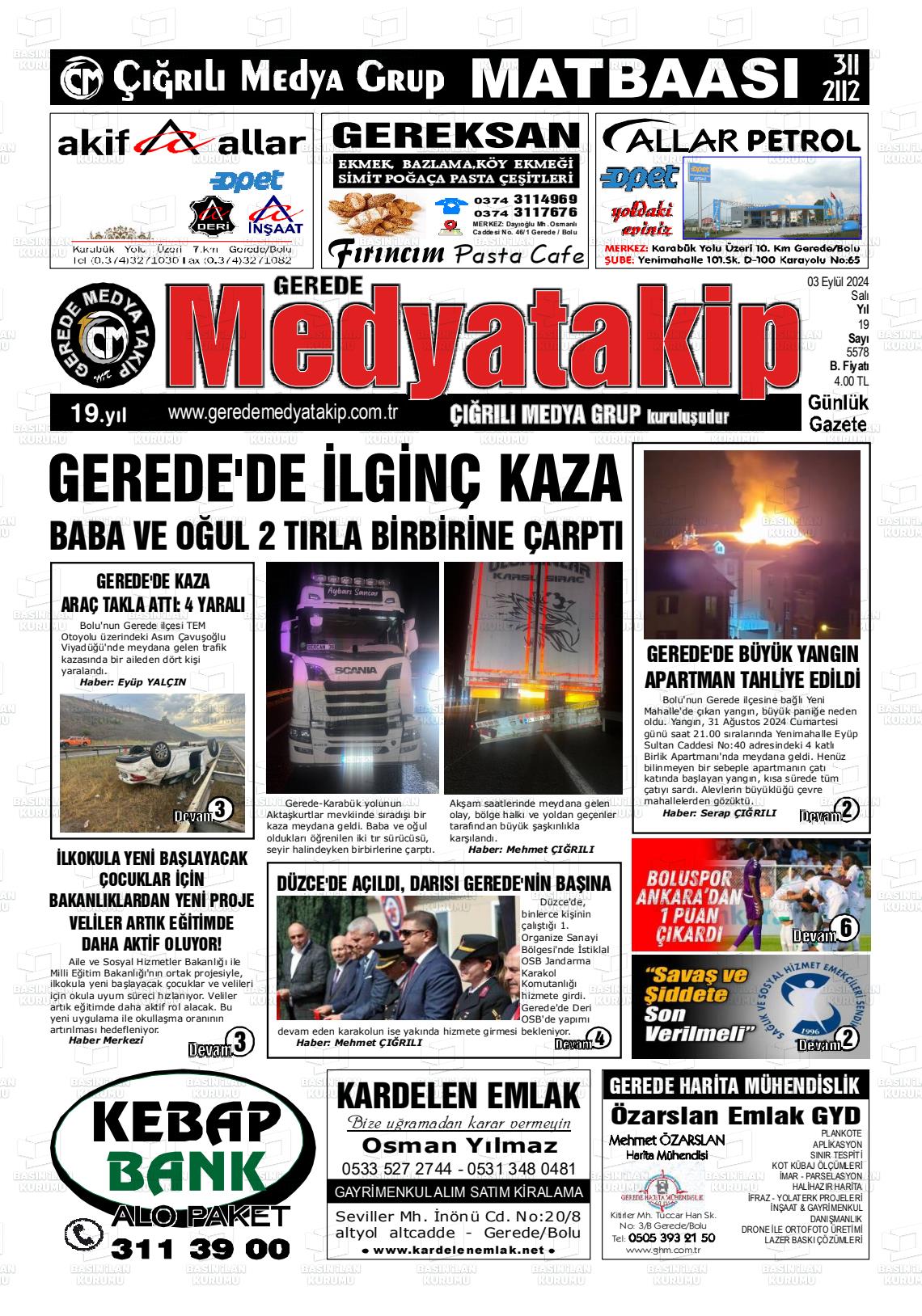 03 Eylül 2024 Gerede Medya Takip Gazete Manşeti