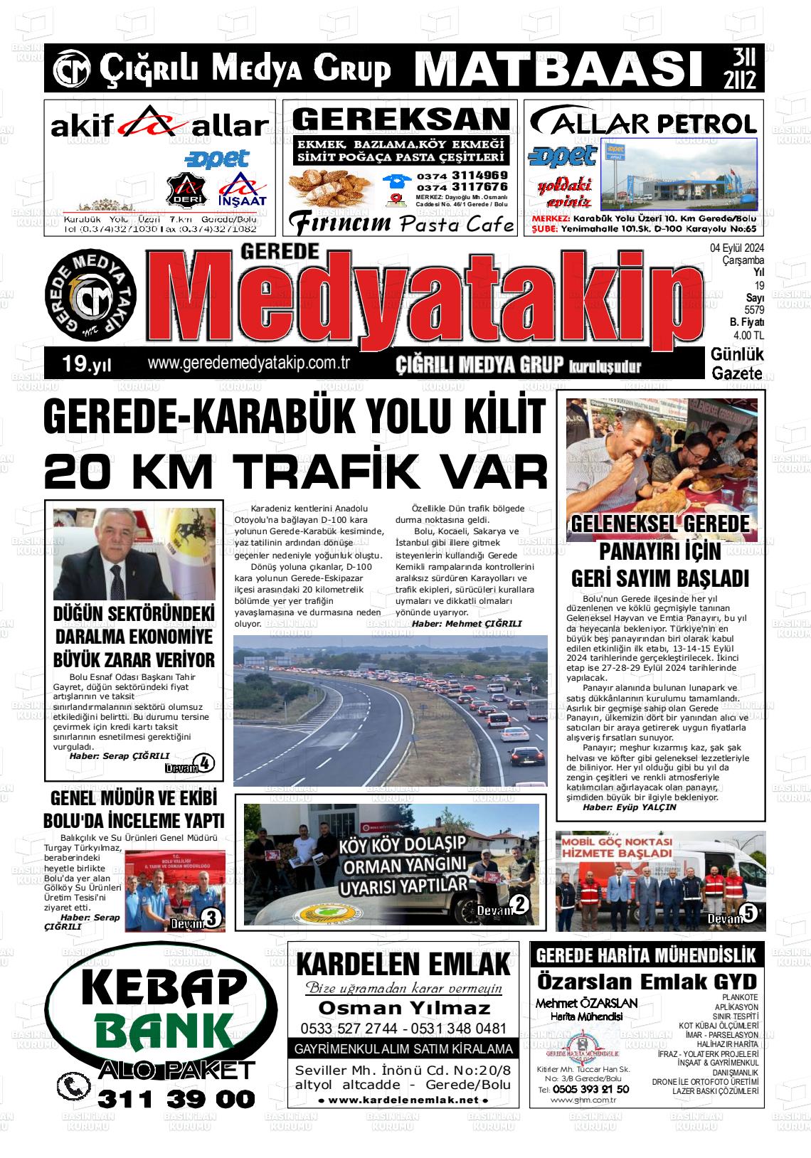 04 Eylül 2024 Gerede Medya Takip Gazete Manşeti