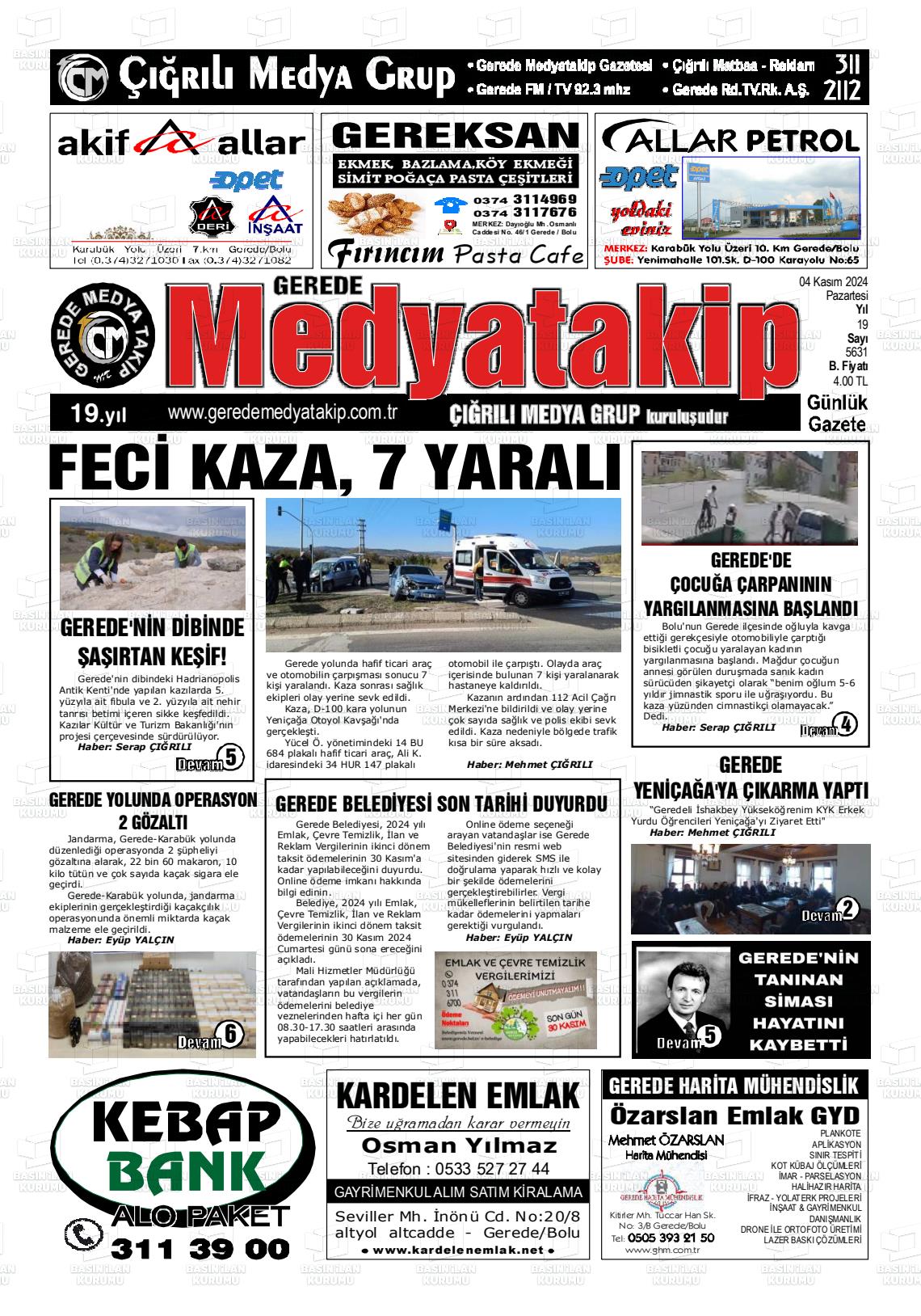 04 Kasım 2024 Gerede Medya Takip Gazete Manşeti