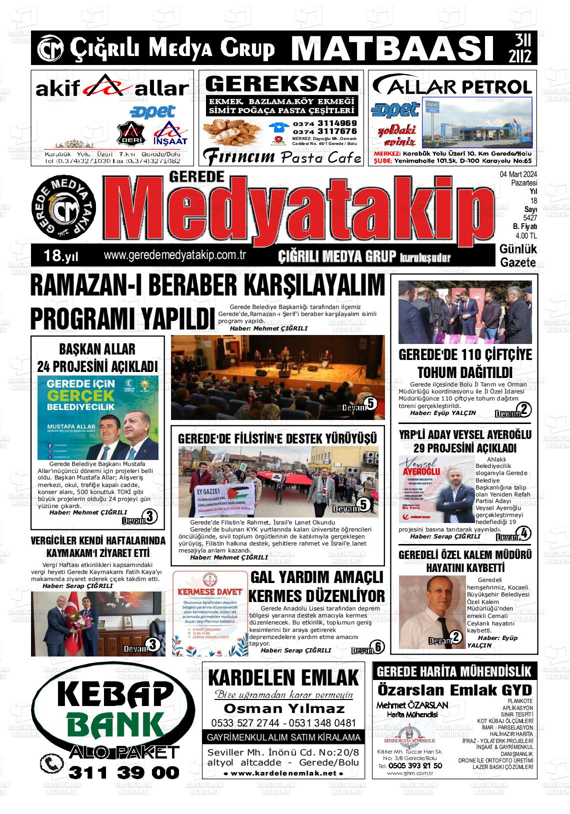 04 Mart 2024 Gerede Medya Takip Gazete Manşeti