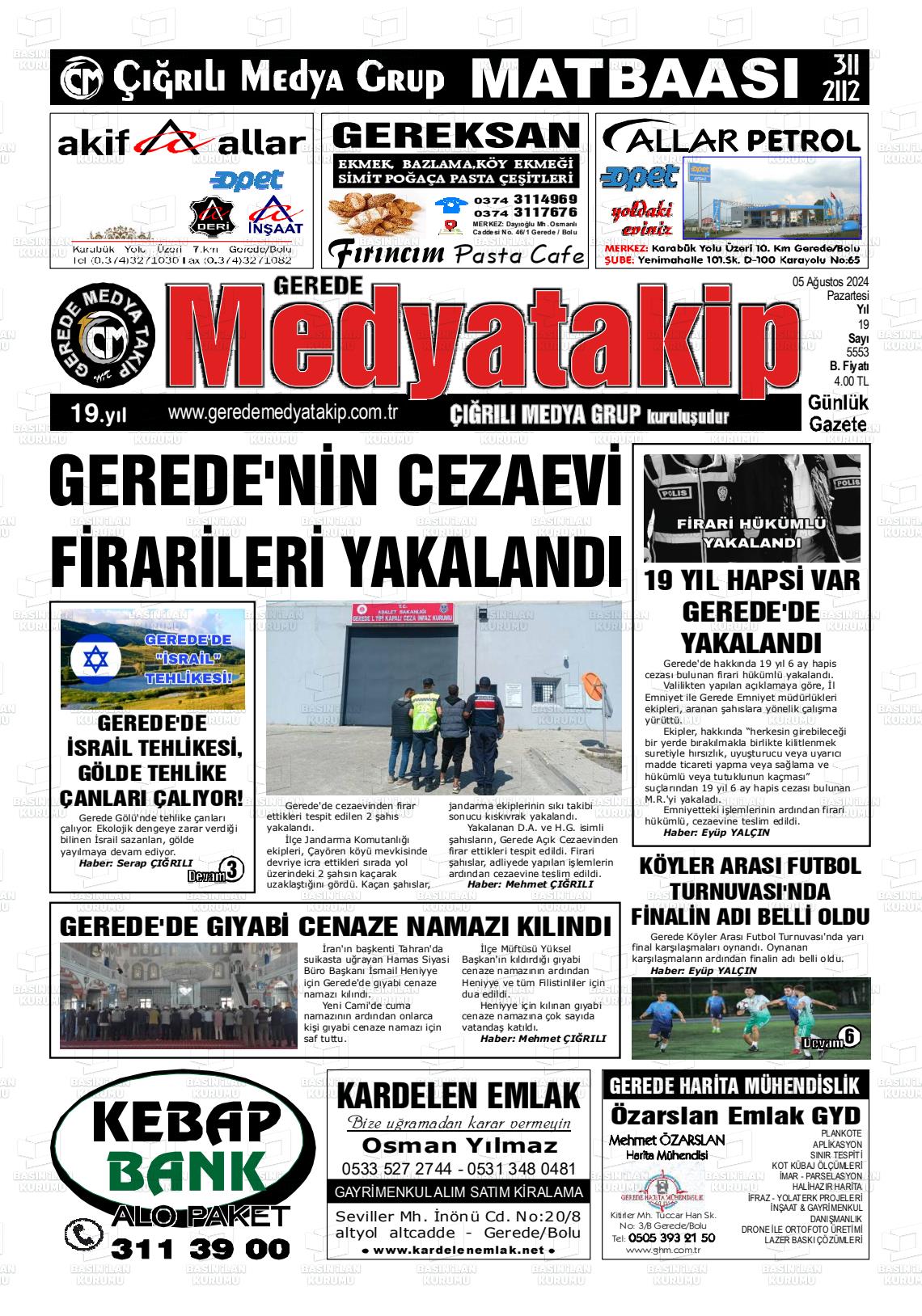 05 Ağustos 2024 Gerede Medya Takip Gazete Manşeti