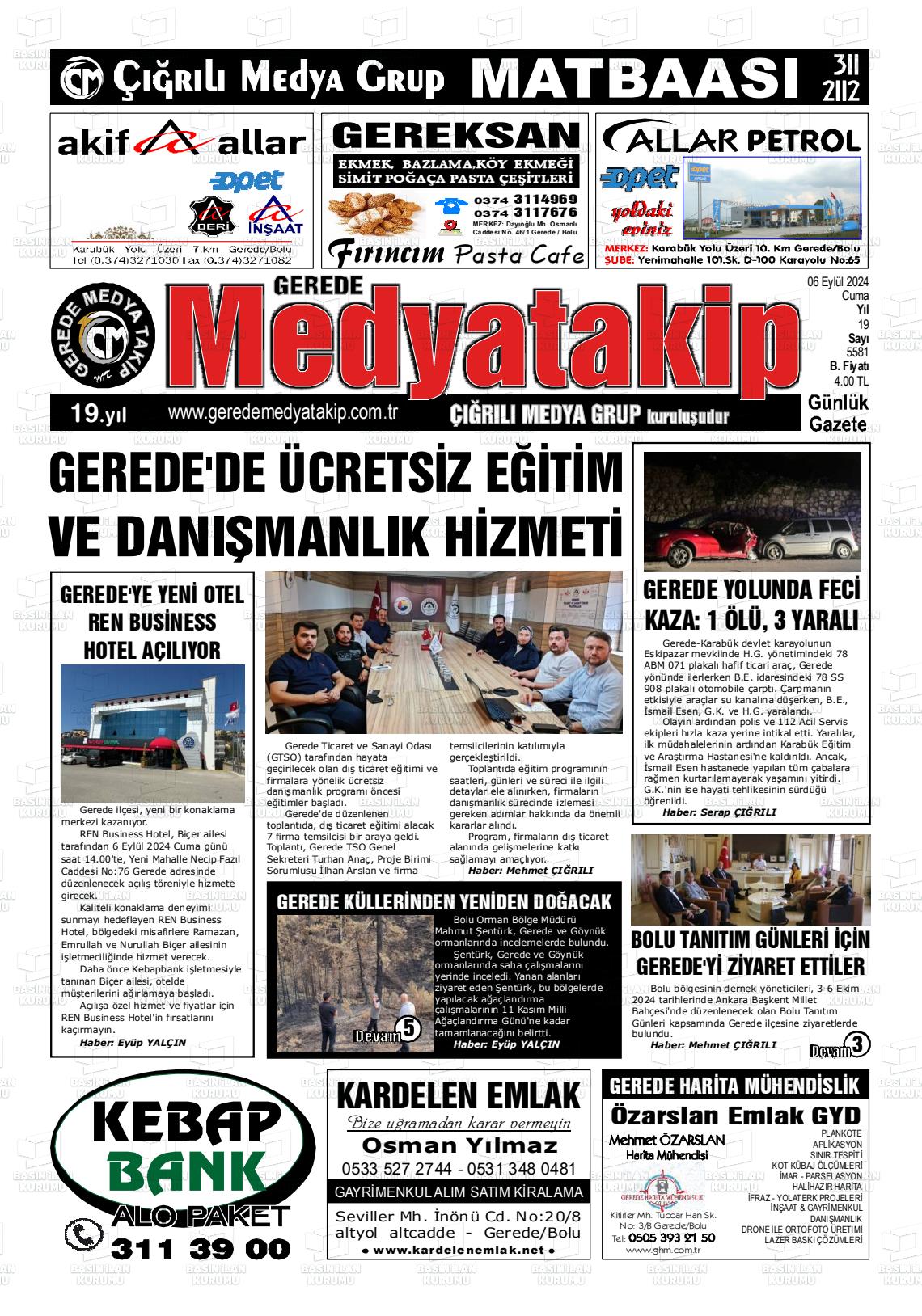 06 Eylül 2024 Gerede Medya Takip Gazete Manşeti