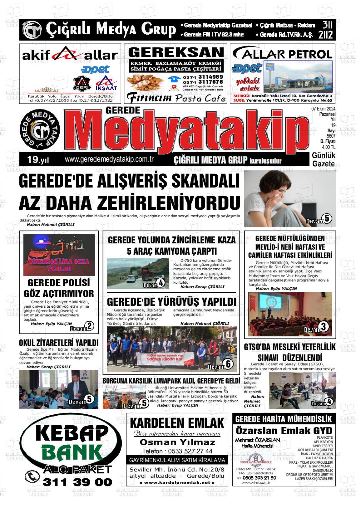 07 Ekim 2024 Gerede Medya Takip Gazete Manşeti