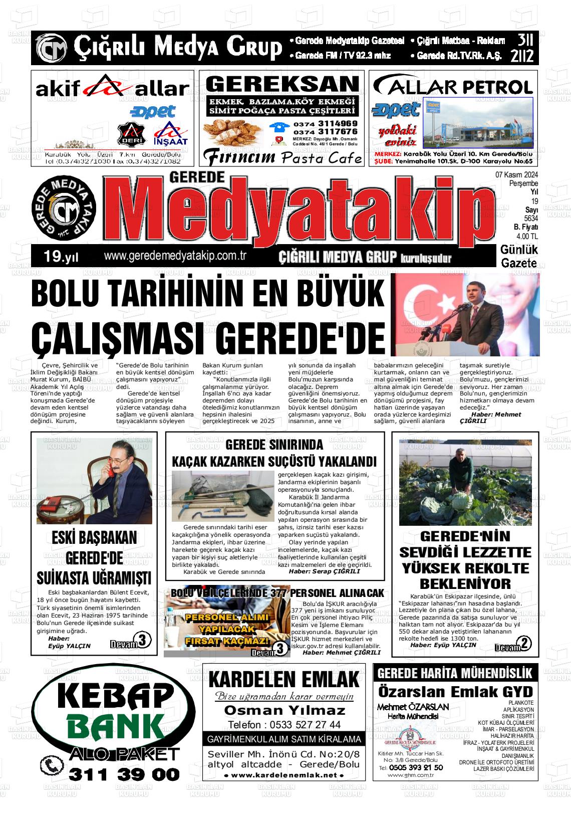 07 Kasım 2024 Gerede Medya Takip Gazete Manşeti