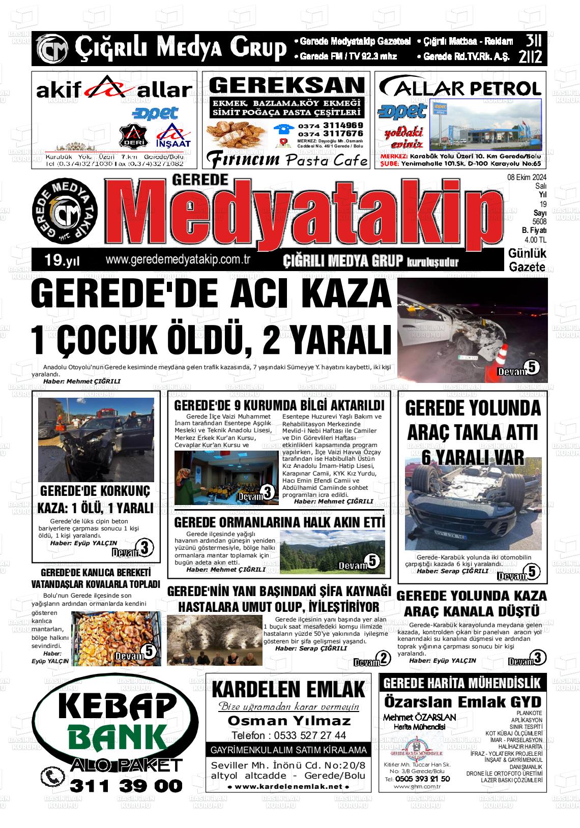 08 Ekim 2024 Gerede Medya Takip Gazete Manşeti