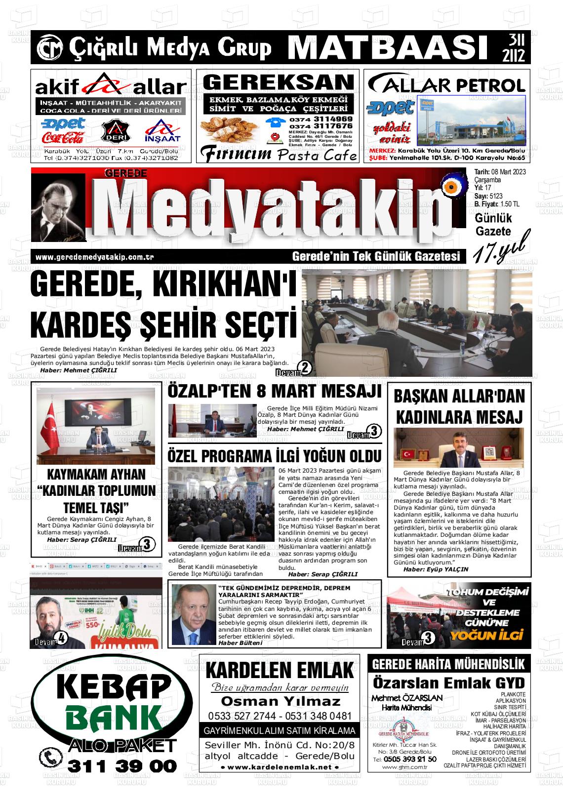 08 Mart 2023 Gerede Medya Takip Gazete Manşeti