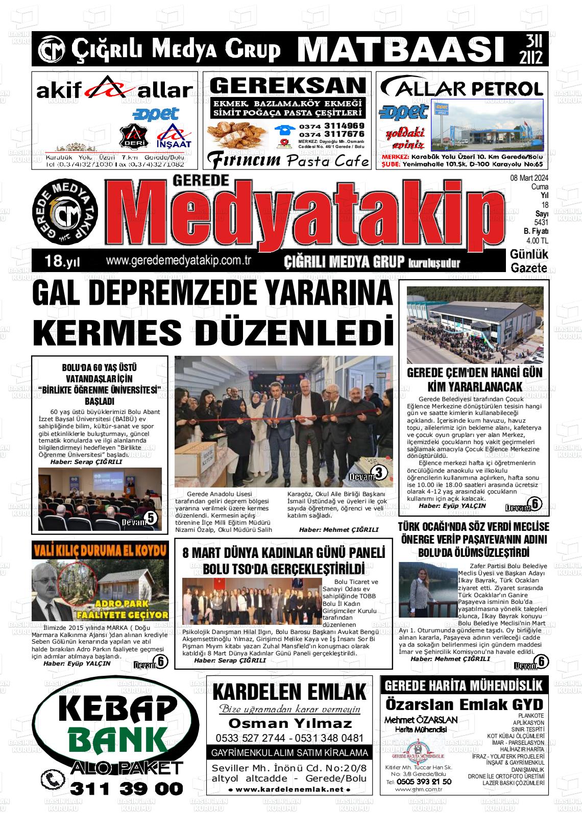 08 Mart 2024 Gerede Medya Takip Gazete Manşeti