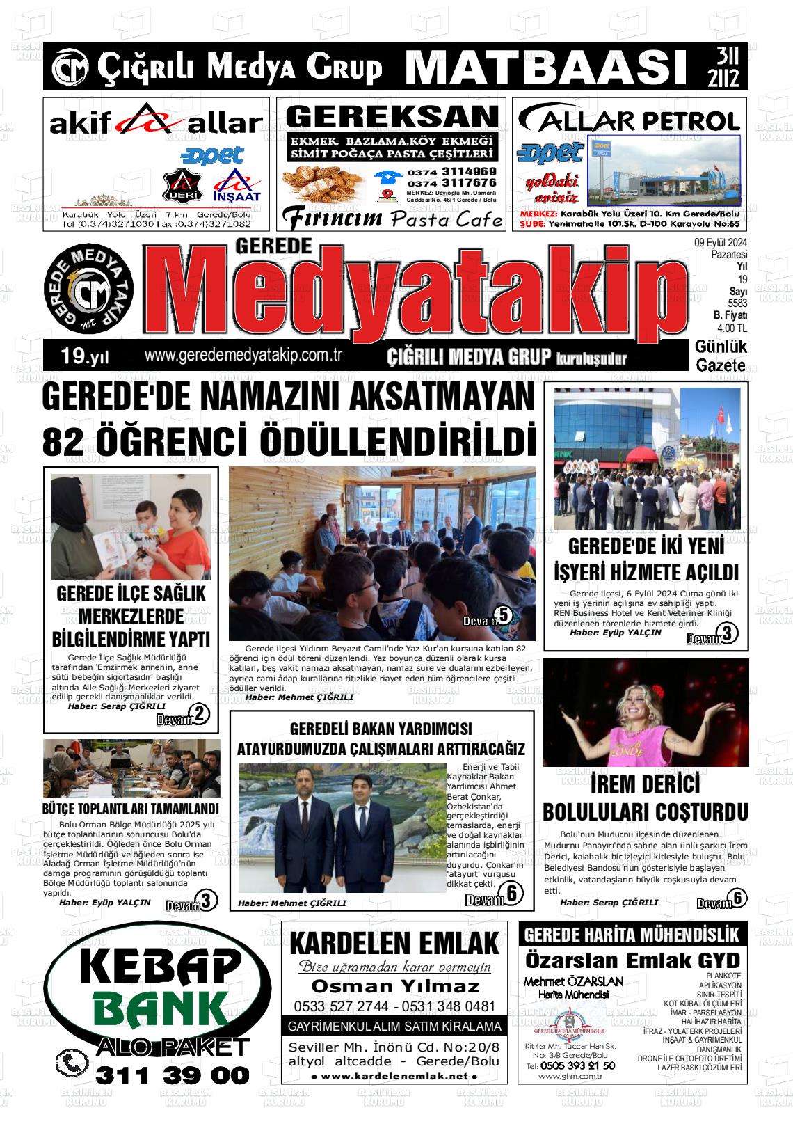 09 Eylül 2024 Gerede Medya Takip Gazete Manşeti