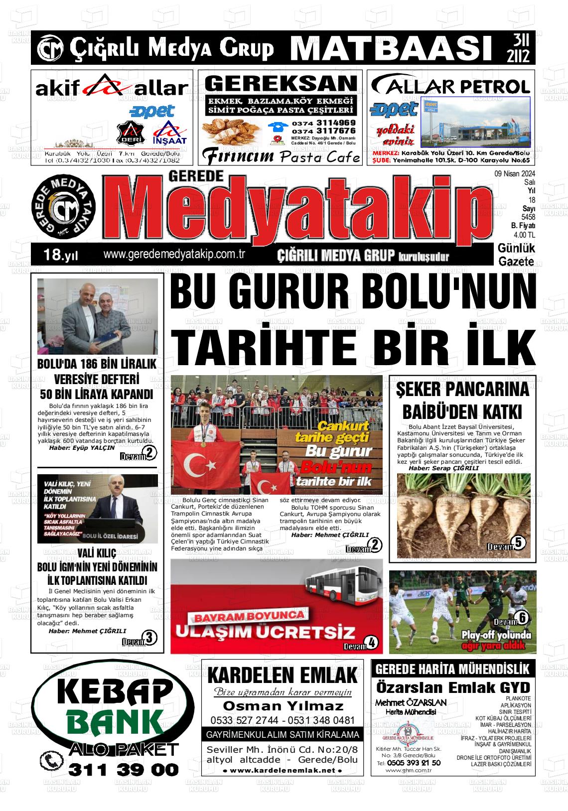 09 Nisan 2024 Gerede Medya Takip Gazete Manşeti