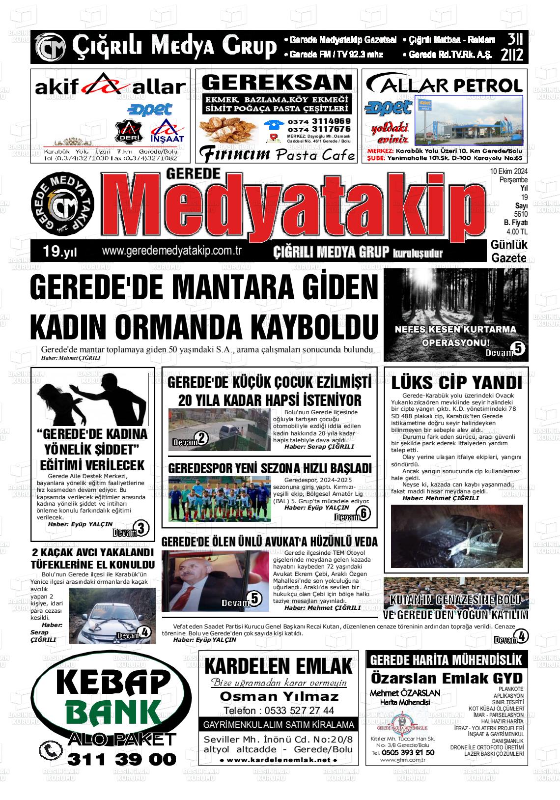 10 Ekim 2024 Gerede Medya Takip Gazete Manşeti