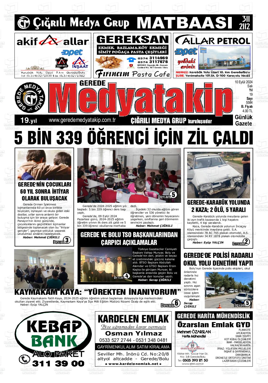 10 Eylül 2024 Gerede Medya Takip Gazete Manşeti