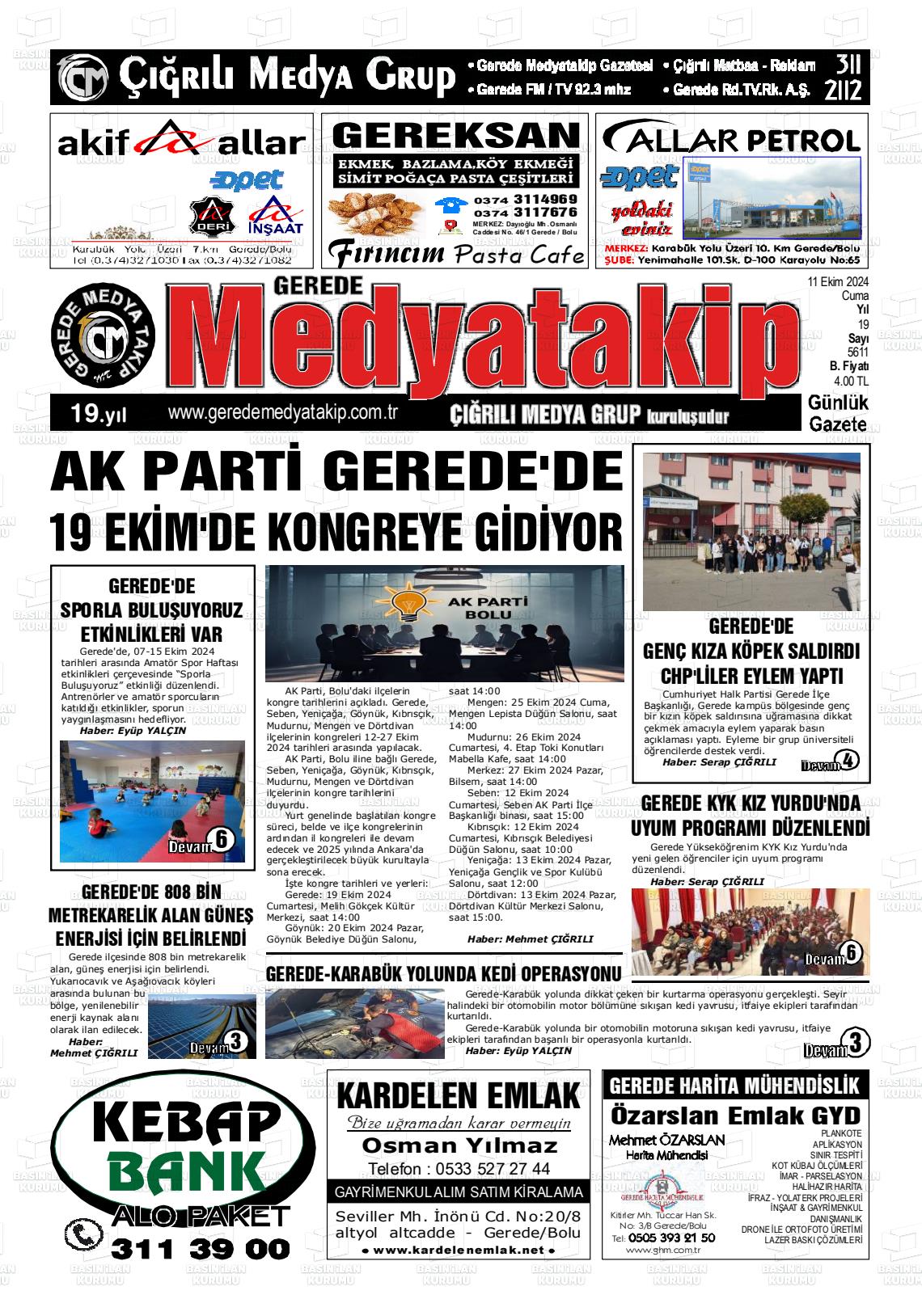 11 Ekim 2024 Gerede Medya Takip Gazete Manşeti