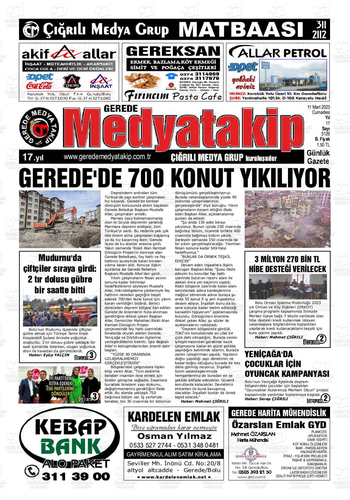 11 Mart 2023 Gerede Medya Takip Gazete Manşeti