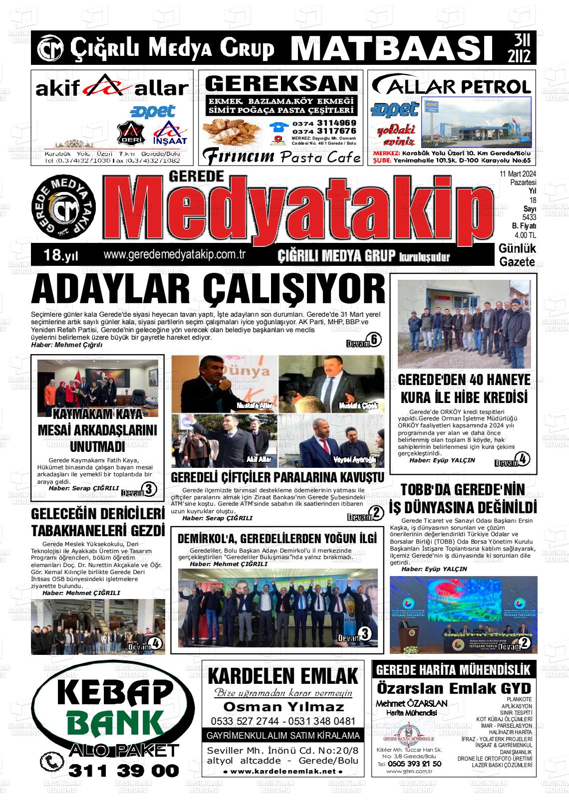 11 Mart 2024 Gerede Medya Takip Gazete Manşeti